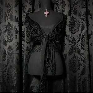 American Vintage Black Beaded Fringe Wrap Scarf